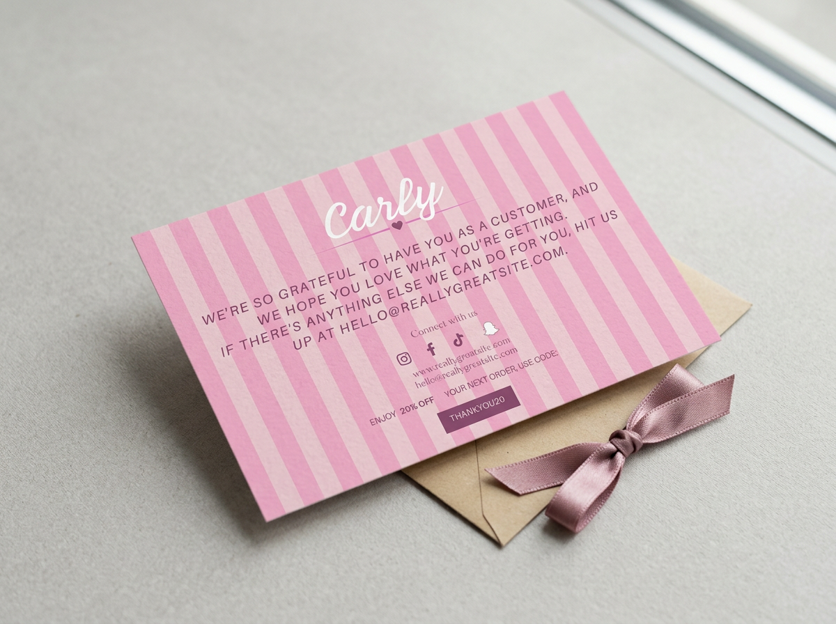 Carly pink stripe thank-you card with kraft envelope and satin ribbon